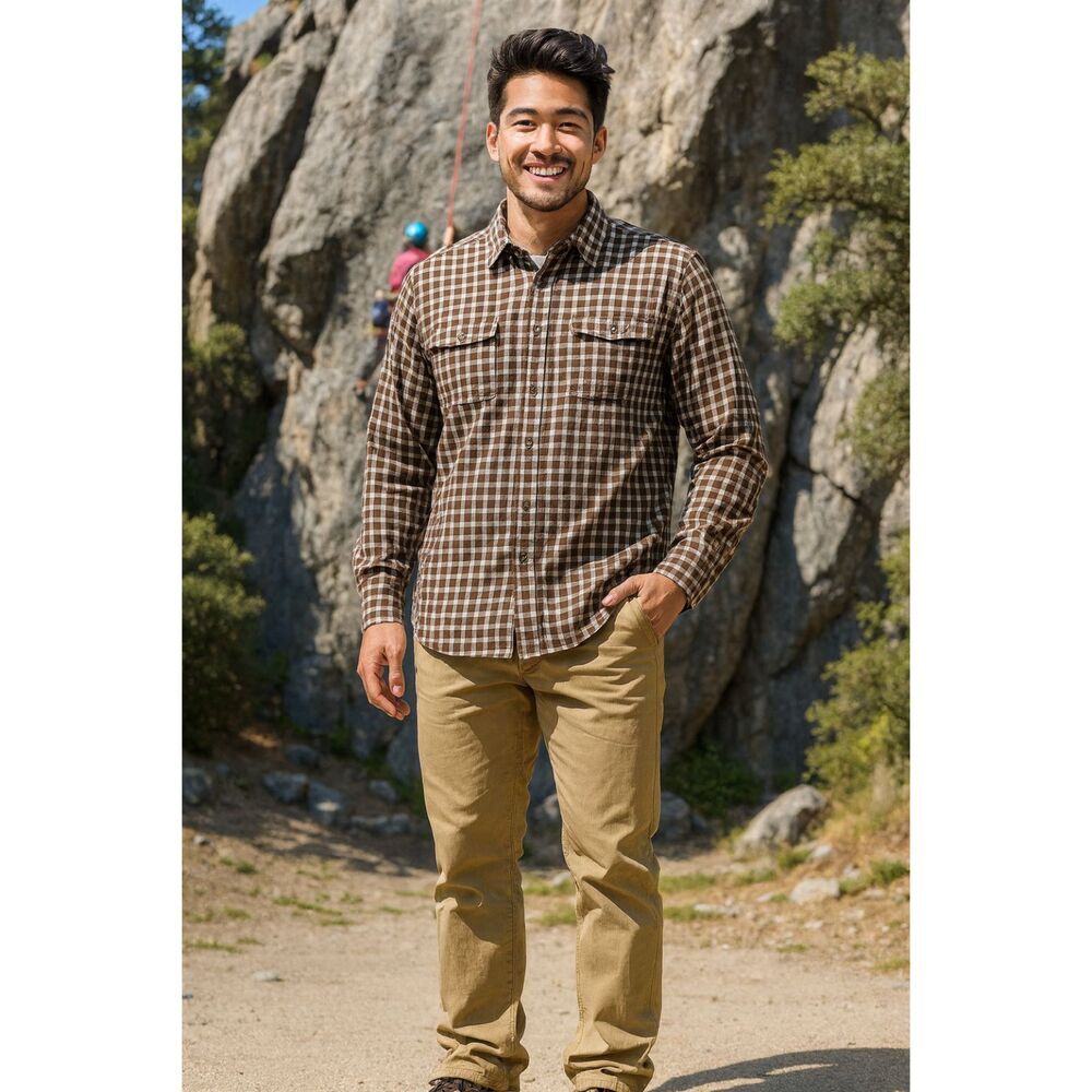 Timberland Mens Flannel Shirt 2XL Brown Plaid Button Down Workwear - Picture 2 of 7